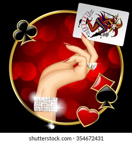 Hand of woman with jewelry holding Joker playing card on the round dark background with red lights and suit symbols. Casino game concept design. Vector illustration
