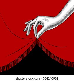 Hand of woman lifting the edge of the red curtain. Vintage engraving stylized drawing. Retro concept poster and banner. Vector illustration