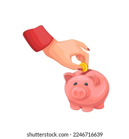 Hand of woman putting gold coin into piggy bank vector illustration. Cartoon female hand holding money to put into safe pink pig moneybox, save cash financial profit in deposit of bank account