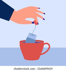 Hand Of Woman Putting Teabag Into Cup Of Water. Person Making Tea In Mug Flat Vector Illustration. Beverage, Break, Breakfast Concept For Banner, Website Design Or Landing Web Page