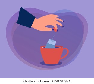 Hand of woman putting teabag into cup of water. Person making tea in mug flat vector illustration. Beverage, break, breakfast concept for banner, website design or landing web page