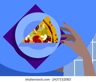 Hand of a woman sitting at a round table with a piece of pizza on a plate in flat design style. Minimalistic and flat color drawing. Vector illustration