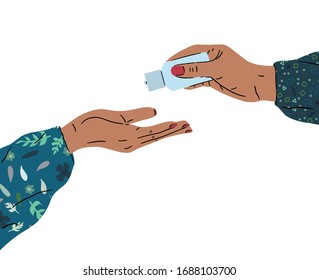 Hand of woman that applying hand sanitizers to prevent the spread of germs, bacteria, and viruses. Personal hygiene concept. Covid-19. Vector illustration isolated on white background.