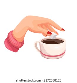 Hand of woman throwing sugar cube in cup with drink vector illustration. Cartoon isolated female arm and mug of hot strong coffee, tea or chocolate at table of cafeteria, cafe shop, coffeehouse