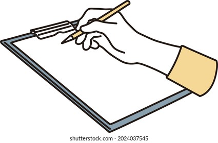 At hand of a woman who fills out a questionnaire