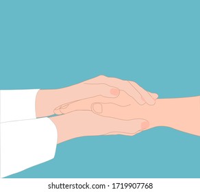 The Hand Of A Woman Who Is Wearing A White Shirt Is Holding The Other Hand. Encouragement, Emphasizes, Business, Relationship, Medical, Treatment Concept. 