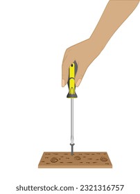 Hand of woman worker screws in a wooden block with a screwdriver. Vector illustration EPS 10. style cartoon.