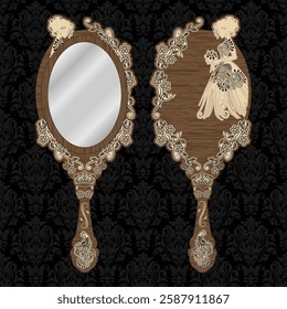 Hand Wooden Bride Mirror with Floral Decoration