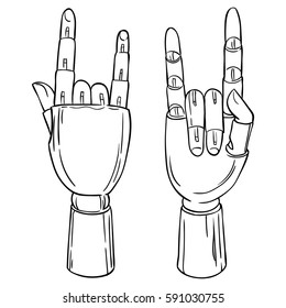 A hand of a wooden doll, line drawing.