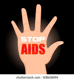 Hand with the words Stop AIDS. Worlds Aids day card 1 december in cartoon style