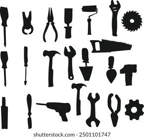 Hand work tools silhouettes vector illustration. 
Good for banner, poster, greeting card, party card, invitation, template, advertising, campaign, and social media. 
