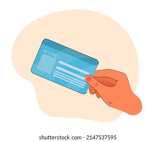 Hand of worker holding ID card. Corporate card or badge with information about employee flat vector illustration. Identity, identification concept for banner, website design or landing web page