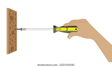 Mano de los tornillos de trabajo en un bloque de madera con un destornillador. Ilustración del vector EPS 10. caricatura de estilo.