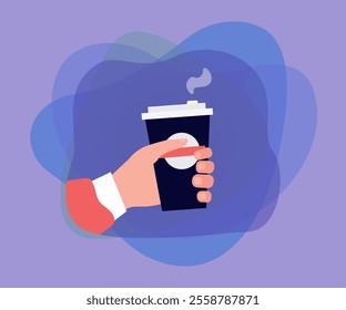 Hand of worker or student holding coffee cup. Person with hot drink from coffee shop flat vector illustration. Breakfast, coffee break, morning concept for banner, website design or landing web page