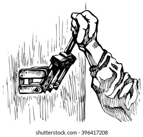 Hand of worker switching toggle - hand drawn vector illustration, isolated on white