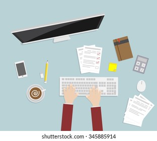 hand working on keyboard at work space with equipment flat design top view,vector illustration
