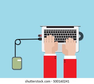 hand working on laptop with data storage device flat design vector illustration