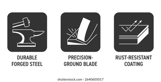 Hand working repair tools flat icons set - Forged steel for long life, Fully precision-ground blade, Rust-resistant coating. in monochrome style and square shape