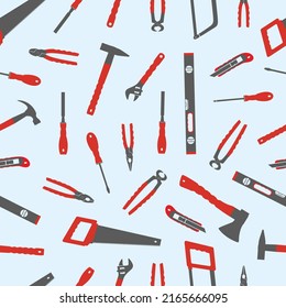 Hand working tools. Seamless pattern. Hand-held working tools set. Repair home and construction tools collection. Silhouettes. Pliers. Hacksaw. Screwdriver. Hammer. Flat vector illustration. Isolated