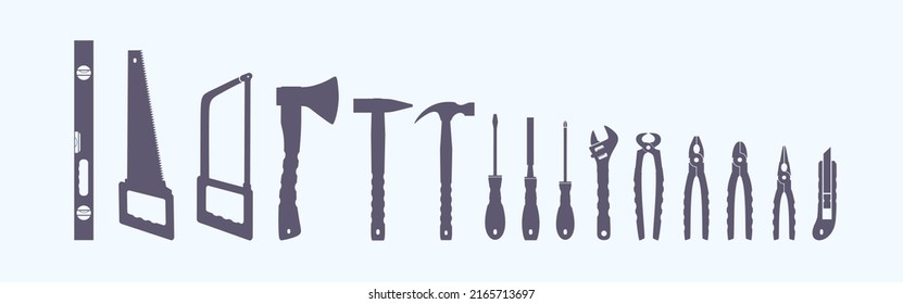 Hand working tools. SVG.Hand-held working tools set. Repair home and construction tools collection. Silhouettes. Pliers. Hacksaw. Screwdriver. Hammer.Carpentry tools. Flat vector illustration.Isolated svg