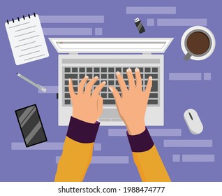 Hand working and typing on computer with few stuff business