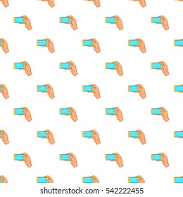 Hand works with smartphone pattern. Cartoon illustration of hand works with smartphone vector pattern for web