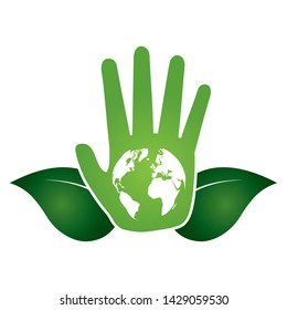 hand world leaves symbol eco friendly environment vector illustration