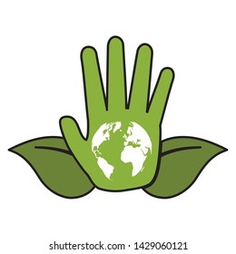 hand world leaves symbol eco friendly environment vector illustration