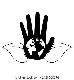 hand world leaves symbol eco friendly environment vector illustration