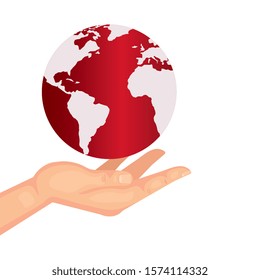 hand with world planet earth isolated icon vector illustration design