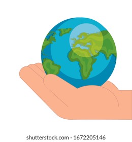 mano con el mundo planeta Tierra aislado icono Icono de diseño vectorial