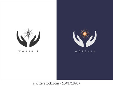 Hand Worship With Sun Ray Logo Vector