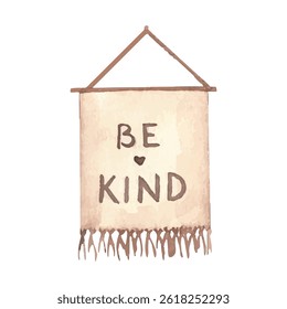 Hand Woven Boho Tapestry on the wall be kind. Macrame style of handcrafted wall hanging. Vector illustration