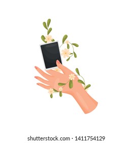 Hand is wrapped with a stem with flowers and leaves. Photo card in hand. Vector illustration on white background.