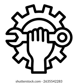 Hand with wrench at cogwheel line icon, repair service concept. Vector graphics. Mechanical gear and hand with spanner sign on white background, style mobile or design