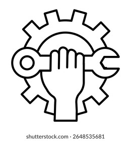 Hand with wrench at cogwheel thin line icon, repair service concept. Vector graphics. Mechanical gear and hand with spanner sign on white background, style mobile or design