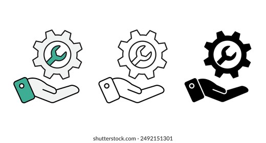 Hand and Wrench Gear Cogwheel Icons set, Service tool symbol isolated background, assembly, repair instruments flat simple infographics design template. vector illustration.
