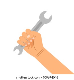 Hand with wrench isolated on the white background, vector flat illustration