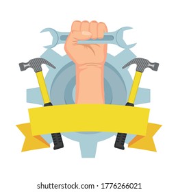 hand with wrench key and hammers tools vector illustration design