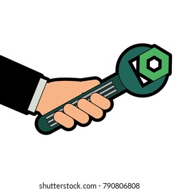 hand with wrench key and nut vector illustration design
