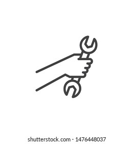 Hand with wrench line icon. linear style sign for mobile concept and web design. Hand holding spanner outline vector icon. Repair service symbol, logo illustration. Vector graphics