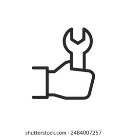 Mano con llave, icono de estilo lineal. herramientas y mantenimiento. Ancho de trazo editable