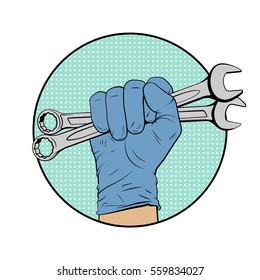 Hand and the wrench logo in comic style. Vector