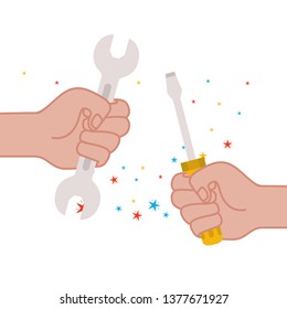 hand with wrench and screwdriver tool icon