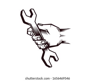 Hand and Wrench Symbol with Silhouette Style