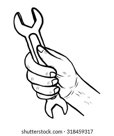 hand and wrench tool / cartoon vector and illustration, black and white, hand drawn, sketch style, isolated on white background.