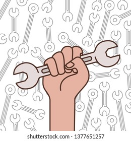 hand with wrench tool isolated icon
