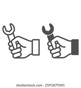 Hand with wrench tool line and solid icon, car service concept. Vector graphics. Wrench, repair tool in hand sign on white background, outline style icon for mobile or web design