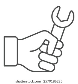 Hand with wrench tool thin line icon, car service concept. Vector graphics. Wrench, repair tool in hand sign on white background, outline style icon for mobile or web design