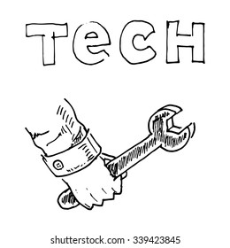 Hand with wrench. Vector illustration isolated on white background